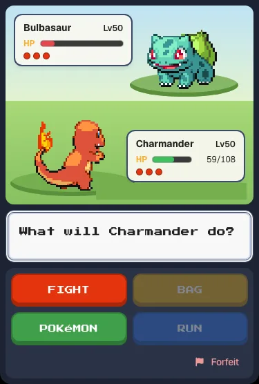 A tournament match: Bulbasaur and Charmander at level 50, with the 10 second turn ring
