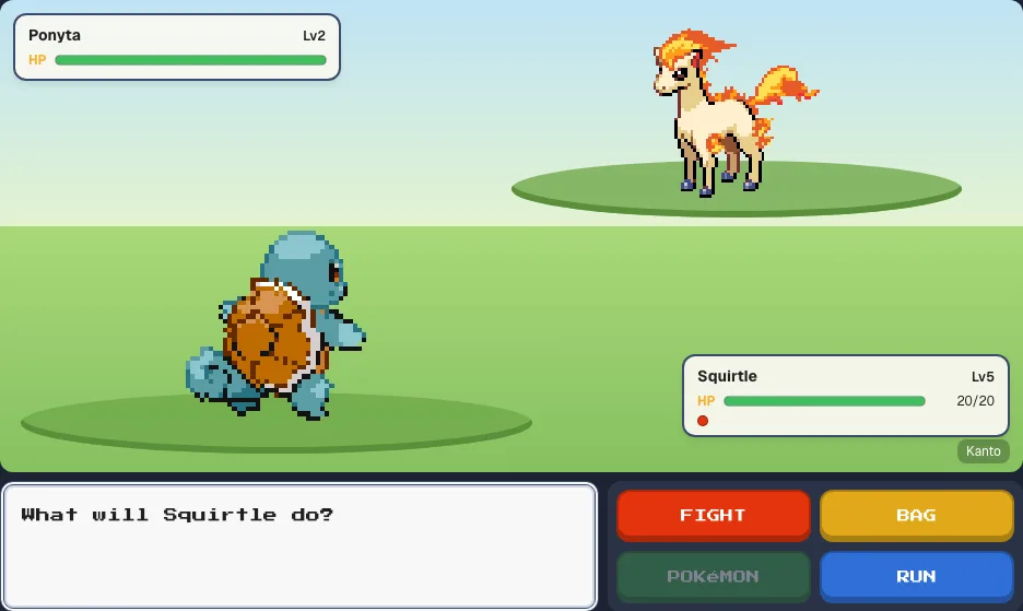 A wild Ponyta battle against Squirtle, with the FIGHT, BAG, POKéMON and RUN commands