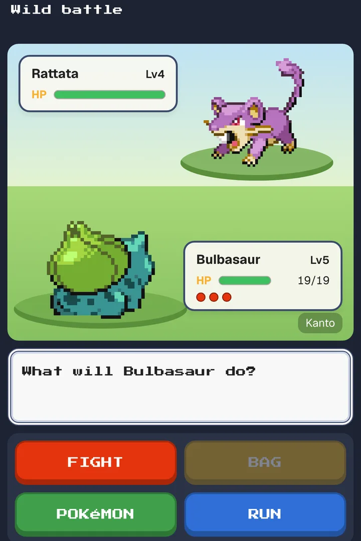 A wild Rattata against Bulbasaur with the FIGHT, BAG, POKéMON and RUN buttons