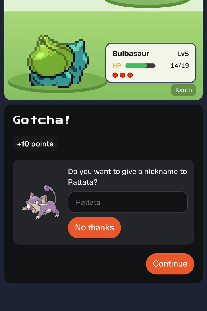 Gotcha! A caught Rattata and a prompt to give it a nickname