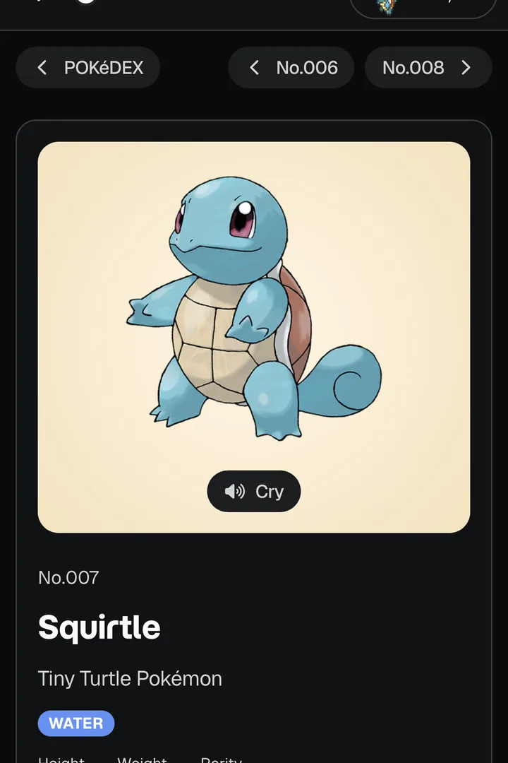 The Pokédex entry for Squirtle with its artwork and cry button