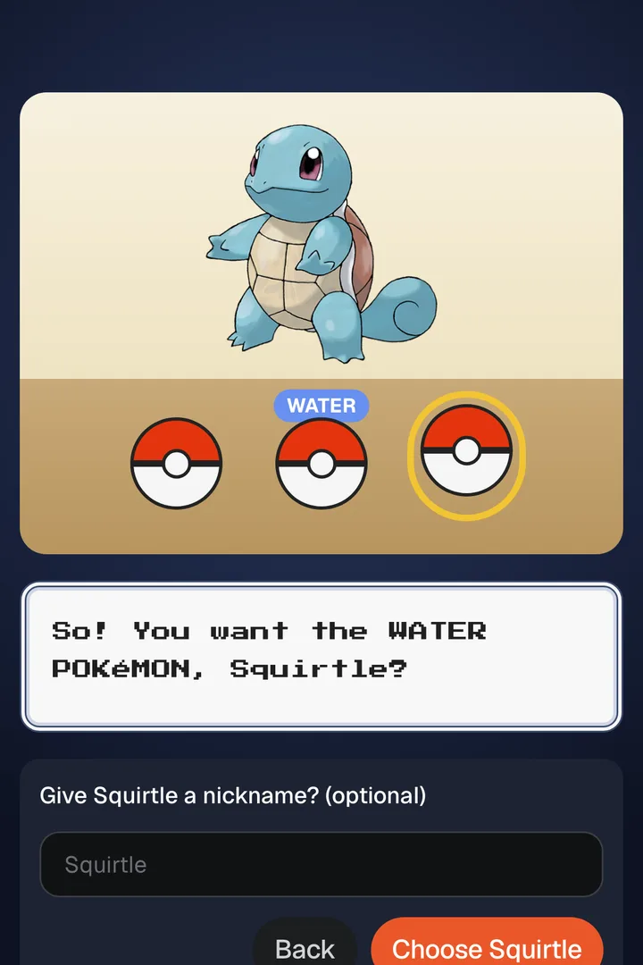 The starter screen on a phone: three Poké Balls and the line So! You want the WATER POKéMON, Squirtle?
